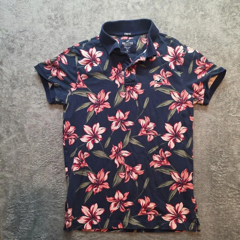 Hollister Epic Flex Polo Shirt Mens XS Blue Floral Stretch Jersey Knit Casual